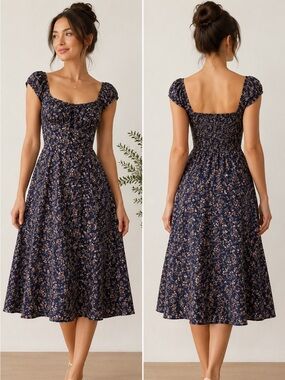 Treasure & Bond Floral Corset Midi Dress Navy Small Indie Milkmaid Cottagecore